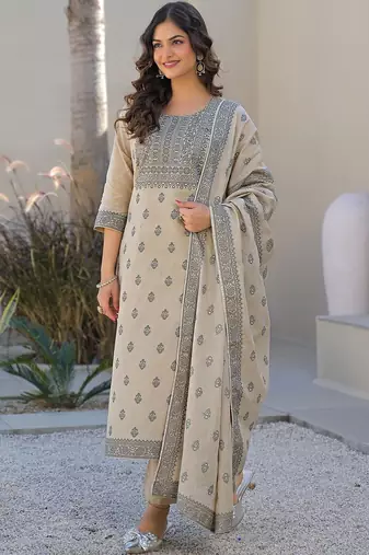 Cream Cotton Ethnic Motifs Embroidered Regular Thread Work Kurta with Trousers & With Dupatta