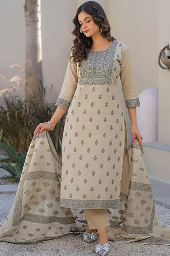 Cream Cotton Ethnic Motifs Embroidered Regular Thread Work Kurta with Trousers & With Dupatta