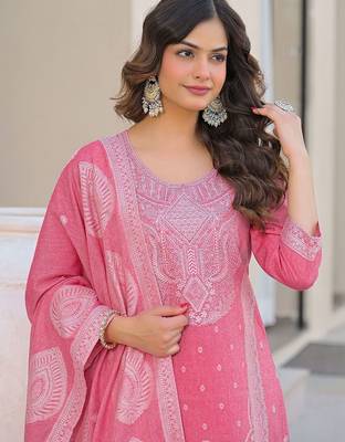 Baby Pink Cotton Ethnic Motifs Embroidered Regular Thread Work Kurta with Trousers & With Dupatta 2