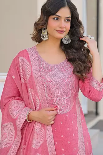 Baby Pink Cotton Ethnic Motifs Embroidered Regular Thread Work Kurta with Trousers & With Dupatta