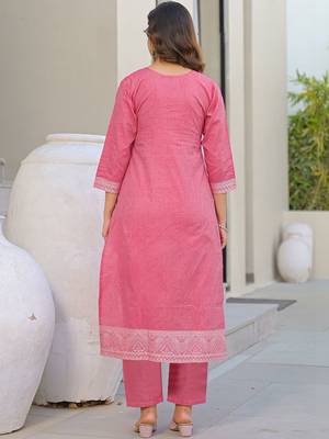 Baby Pink Cotton Ethnic Motifs Embroidered Regular Thread Work Kurta with Trousers & With Dupatta 3