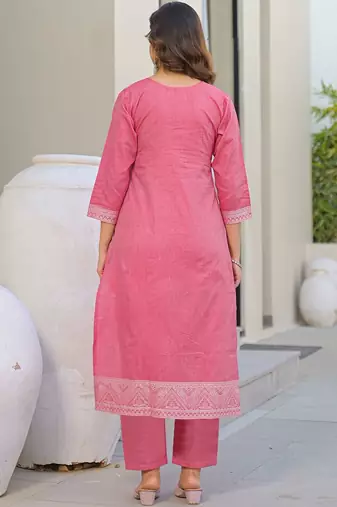 Baby Pink Cotton Ethnic Motifs Embroidered Regular Thread Work Kurta with Trousers & With Dupatta
