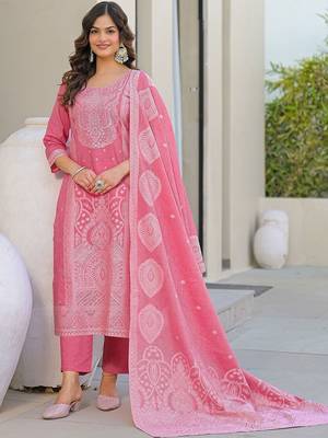 Baby Pink Cotton Ethnic Motifs Embroidered Regular Thread Work Kurta with Trousers & With Dupatta 4