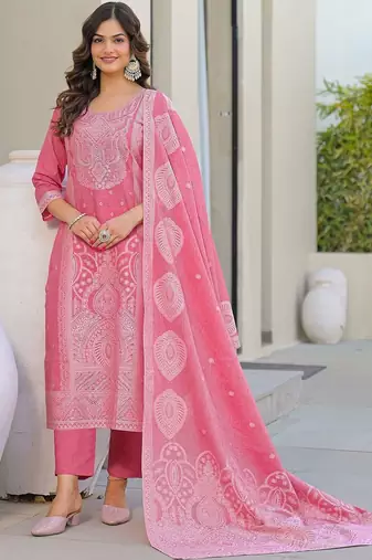 Baby Pink Cotton Ethnic Motifs Embroidered Regular Thread Work Kurta with Trousers & With Dupatta