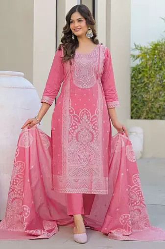 Baby Pink Cotton Ethnic Motifs Embroidered Regular Thread Work Kurta with Trousers & With Dupatta