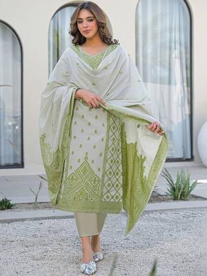 White Parrot Cotton Ethnic Motifs Embroidered Regular Thread Work Kurta with Trousers & With Dupatta 1