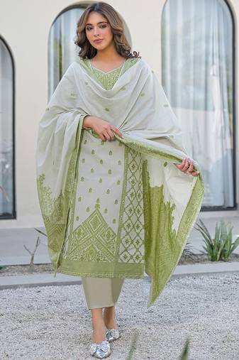 White Parrot Cotton Ethnic Motifs Embroidered Regular Thread Work Kurta with Trousers & With Dupatta