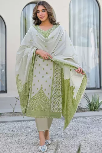 White Parrot Cotton Ethnic Motifs Embroidered Regular Thread Work Kurta with Trousers & With Dupatta