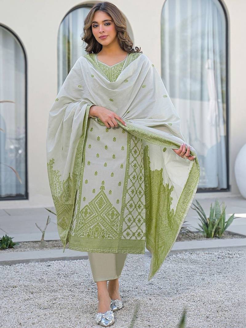 White Parrot Cotton Ethnic Motifs Embroidered Regular Thread Work Kurta with Trousers & With Dupatta