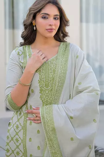 White Parrot Cotton Ethnic Motifs Embroidered Regular Thread Work Kurta with Trousers & With Dupatta