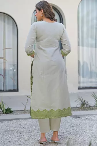 White Parrot Cotton Ethnic Motifs Embroidered Regular Thread Work Kurta with Trousers & With Dupatta