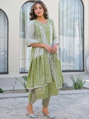White Parrot Cotton Ethnic Motifs Embroidered Regular Thread Work Kurta with Trousers & With Dupatta 6