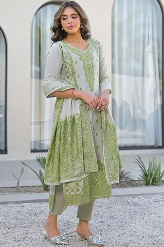 White Parrot Cotton Ethnic Motifs Embroidered Regular Thread Work Kurta with Trousers & With Dupatta