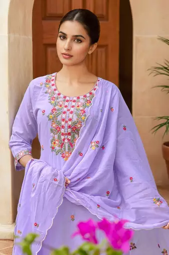 Lavender Cotton Blend Ethnic Motifs Embroidered Thread Work Kurta with Trousers & Dupatta