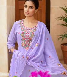 Lavender Cotton Blend Ethnic Motifs Embroidered Thread Work Kurta with Trousers & Dupatta