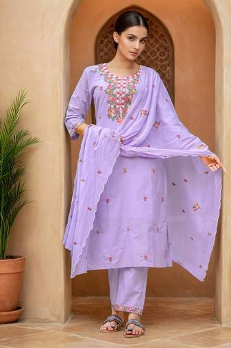 Lavender Cotton Blend Ethnic Motifs Embroidered Thread Work Kurta with Trousers & Dupatta