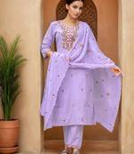 Lavender Cotton Blend Ethnic Motifs Embroidered Thread Work Kurta with Trousers & Dupatta