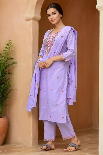 Lavender Cotton Blend Ethnic Motifs Embroidered Thread Work Kurta with Trousers & Dupatta