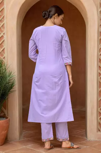Lavender Cotton Blend Ethnic Motifs Embroidered Thread Work Kurta with Trousers & Dupatta