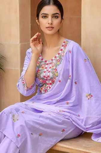 Lavender Cotton Blend Ethnic Motifs Embroidered Thread Work Kurta with Trousers & Dupatta