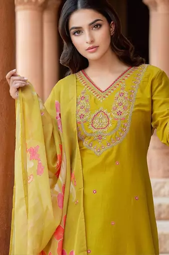 Mustard Cotton Blend Ethnic Motifs Embroidered Thread Work Kurta with Trousers & Dupatta