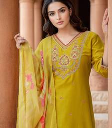 Mustard Cotton Blend Ethnic Motifs Embroidered Thread Work Kurta with Trousers & Dupatta