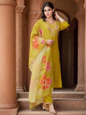 Mustard Cotton Blend Ethnic Motifs Embroidered Thread Work Kurta with Trousers & Dupatta 1
