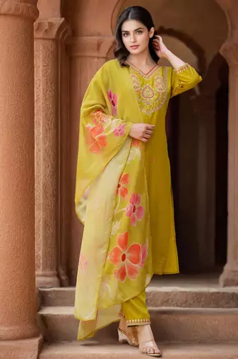 Mustard Cotton Blend Ethnic Motifs Embroidered Thread Work Kurta with Trousers & Dupatta