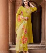 Mustard Cotton Blend Ethnic Motifs Embroidered Thread Work Kurta with Trousers & Dupatta