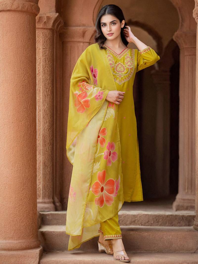 Mustard Cotton Blend Ethnic Motifs Embroidered Thread Work Kurta with Trousers & Dupatta