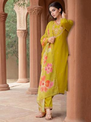 Mustard Cotton Blend Ethnic Motifs Embroidered Thread Work Kurta with Trousers & Dupatta 3