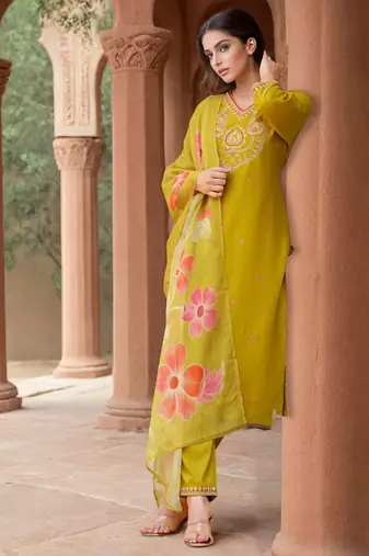 Mustard Cotton Blend Ethnic Motifs Embroidered Thread Work Kurta with Trousers & Dupatta