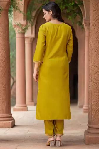 Mustard Cotton Blend Ethnic Motifs Embroidered Thread Work Kurta with Trousers & Dupatta