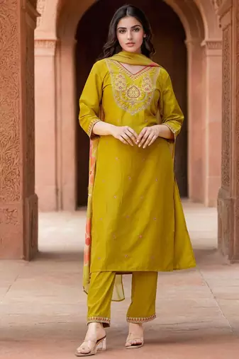 Mustard Cotton Blend Ethnic Motifs Embroidered Thread Work Kurta with Trousers & Dupatta