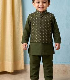Boy's green blended cotton ethnic kurta pajama set with embroidered nehru jacket