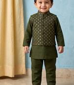Boy's green blended cotton ethnic kurta pajama set with embroidered nehru jacket