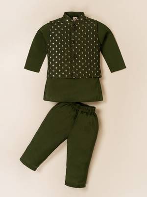 Boy's green blended cotton ethnic kurta pajama set with embroidered nehru jacket 2