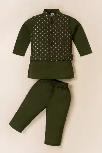 Boy's green blended cotton ethnic kurta pajama set with embroidered nehru jacket