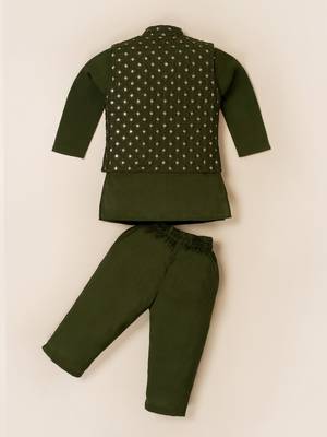 Boy's green blended cotton ethnic kurta pajama set with embroidered nehru jacket 3