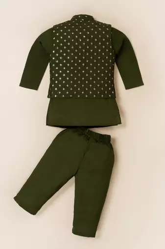 Boy's green blended cotton ethnic kurta pajama set with embroidered nehru jacket