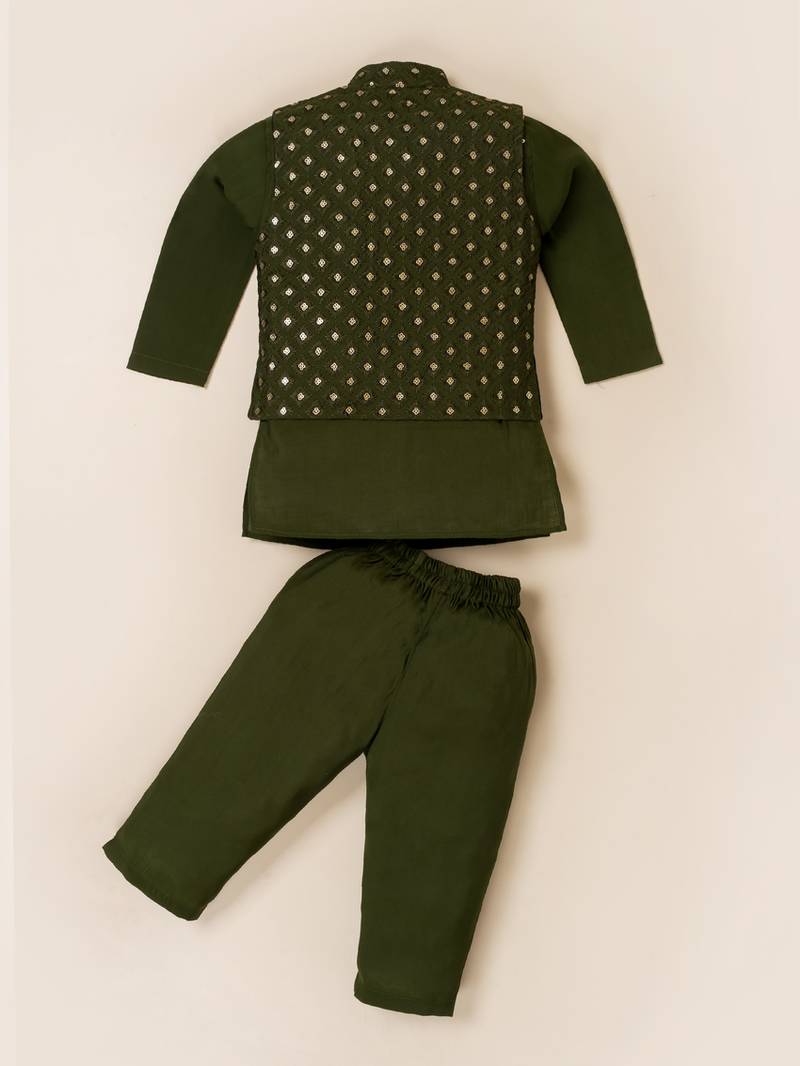 Boy's green blended cotton ethnic kurta pajama set with embroidered nehru jacket