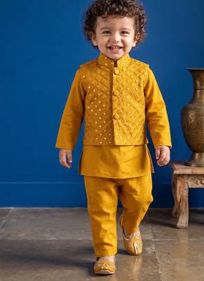 Boy's yellow blended cotton ethnic kurta pajama set with embroidered nehru jacket 1