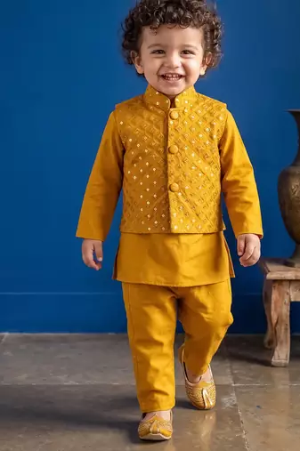 Boy's yellow blended cotton ethnic kurta pajama set with embroidered nehru jacket