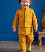 Boy's yellow blended cotton ethnic kurta pajama set with embroidered nehru jacket