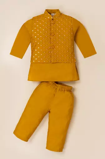 Boy's yellow blended cotton ethnic kurta pajama set with embroidered nehru jacket