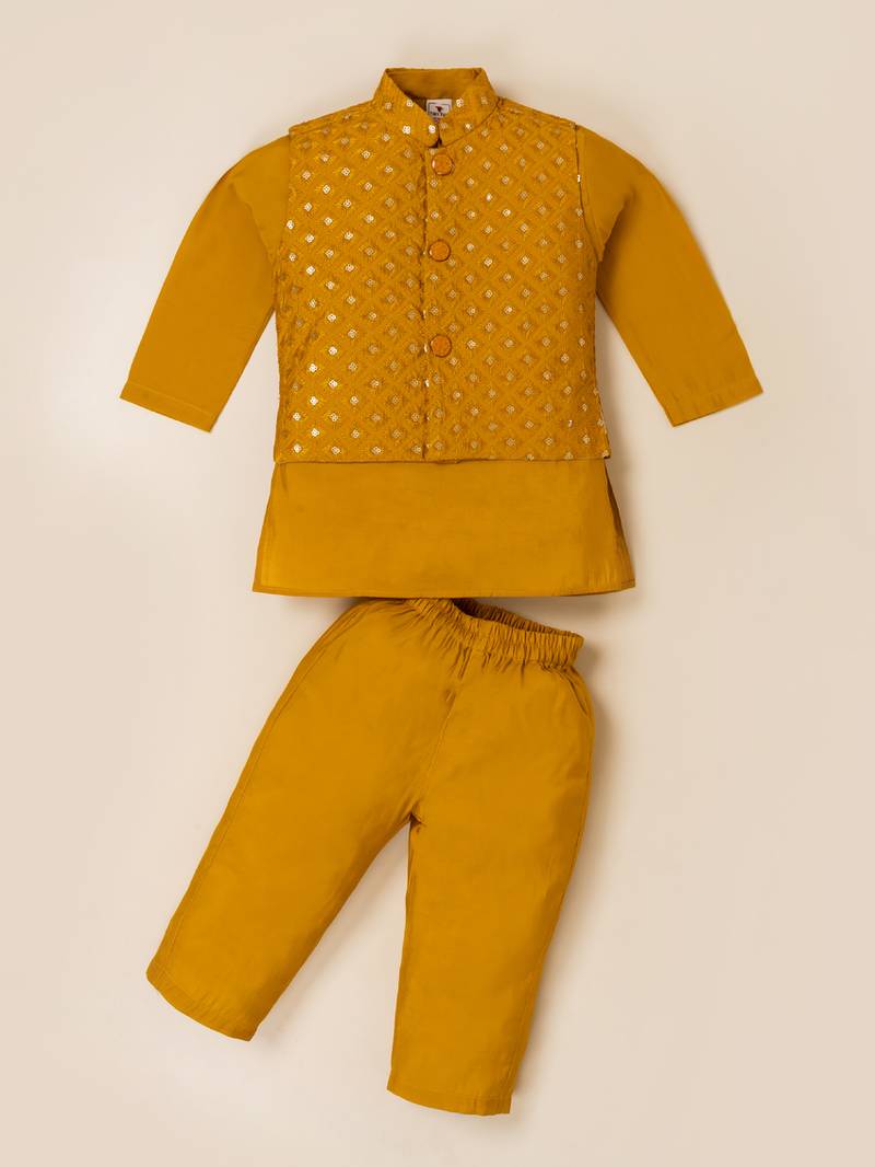 Boy's yellow blended cotton ethnic kurta pajama set with embroidered nehru jacket