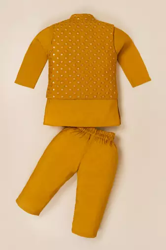 Boy's yellow blended cotton ethnic kurta pajama set with embroidered nehru jacket