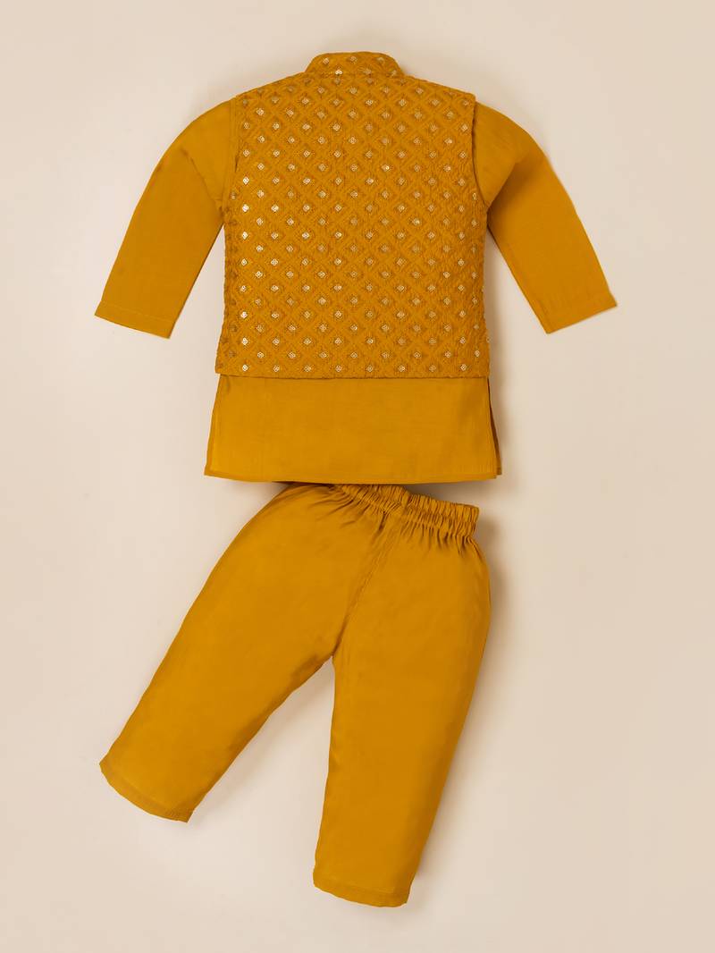 Boy's yellow blended cotton ethnic kurta pajama set with embroidered nehru jacket