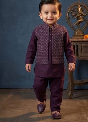 Boy's purple blended cotton ethnic kurta pajama set with embroidered nehru jacket 1
