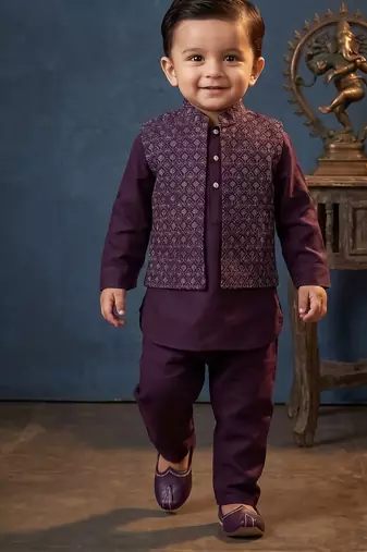 Boy's purple blended cotton ethnic kurta pajama set with embroidered nehru jacket